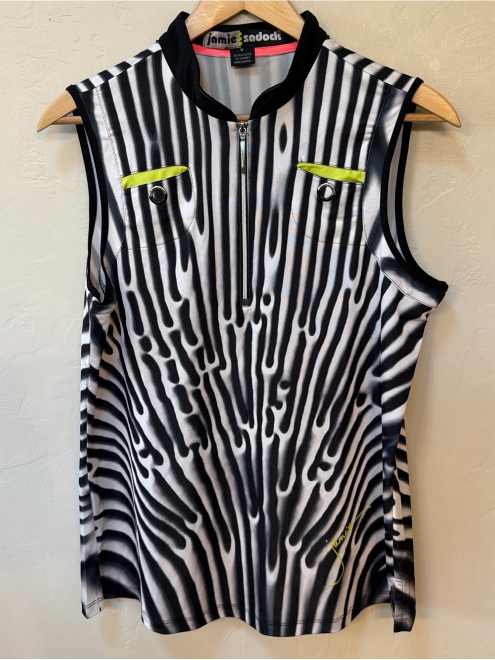 Jamie Sadock Golf Top Women M Black White Zebra Stripe Sleeveless 1/2 Zip Tennis